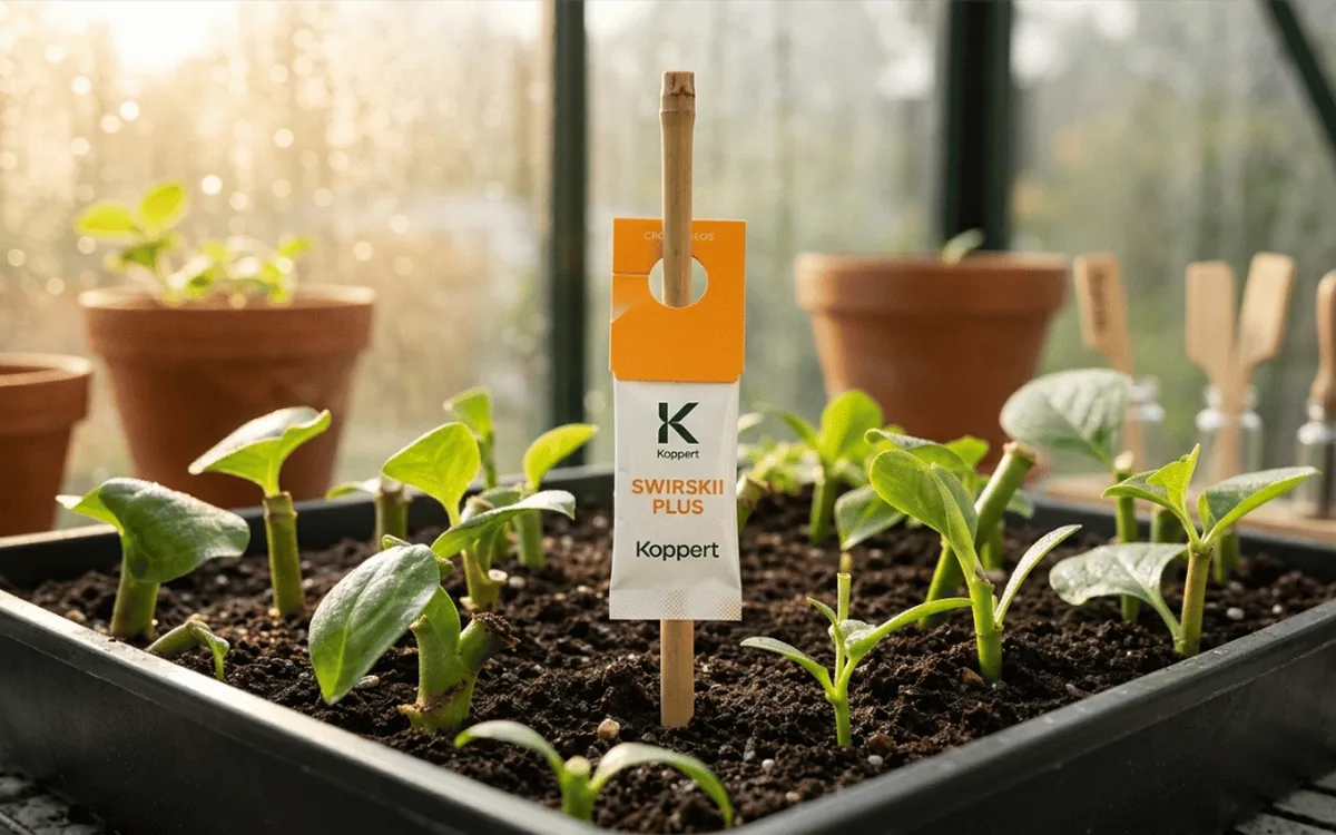 Slow release-pose hængt op mellem spirende planter i et drivhus