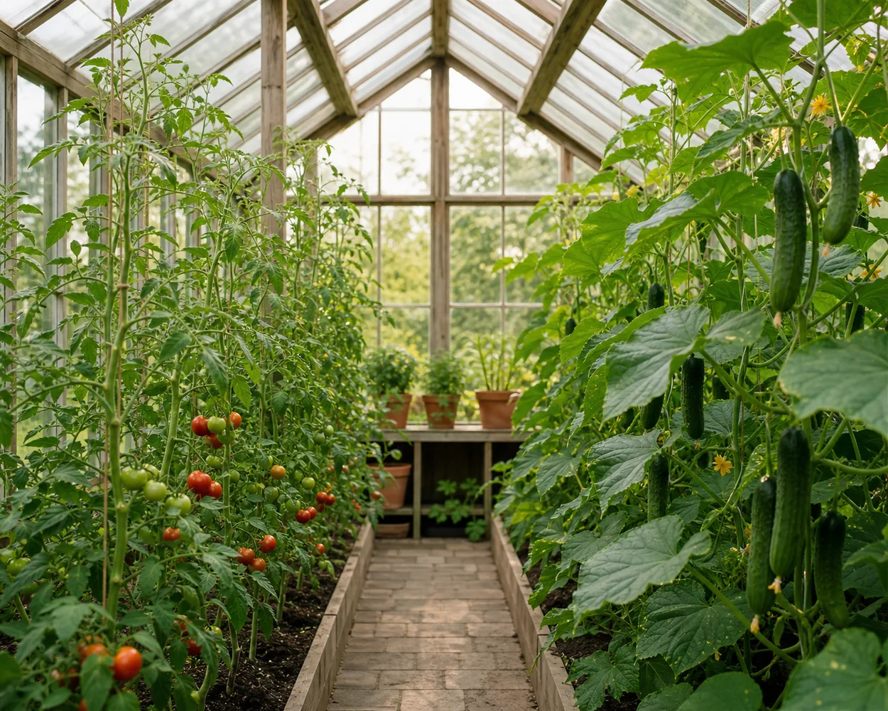 Sunde agurke- og tomatplanter i et lyst drivhus.