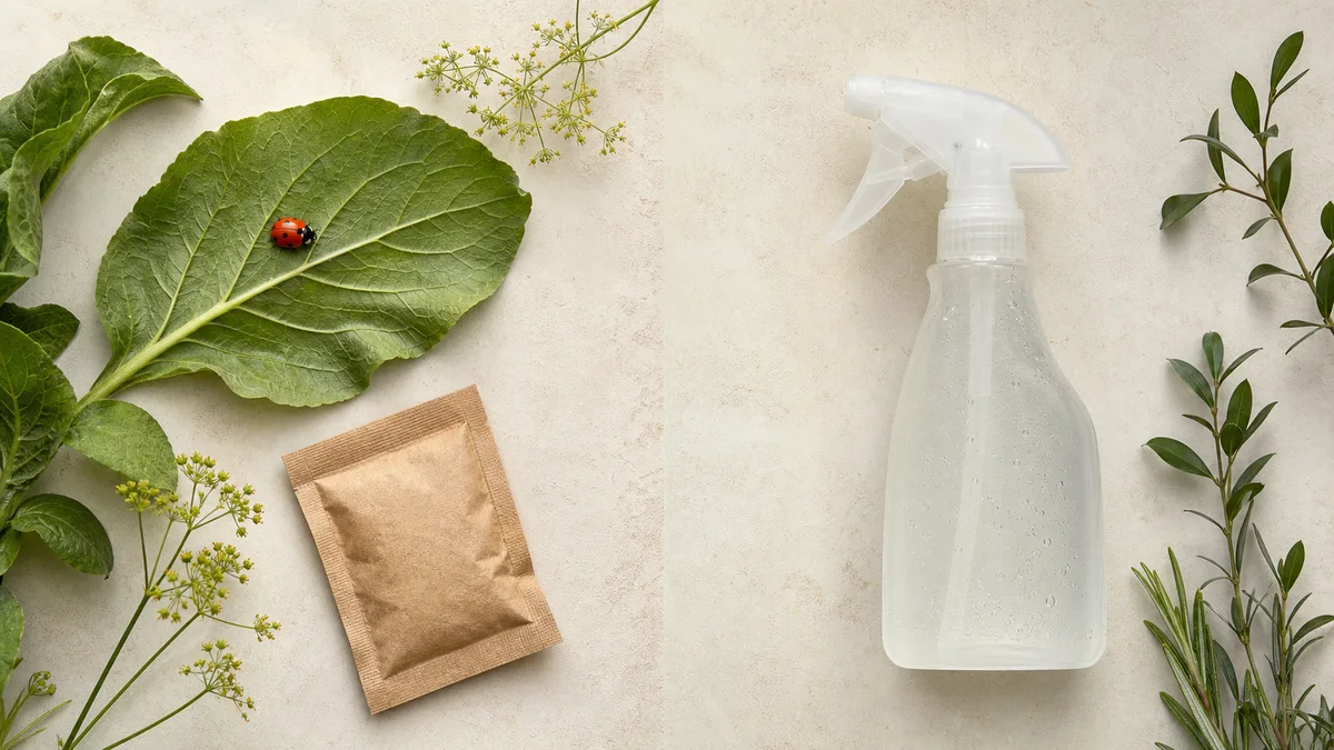 Mariehøne og nyttedyrspose sammenlignet med en neutral sprayflaske.